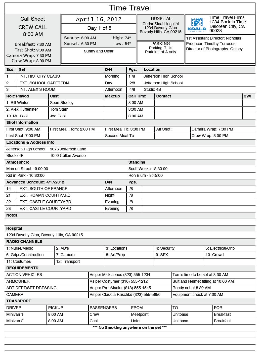 FREE Call Sheet Template in Excel Intended For Film Call Sheet Template Word