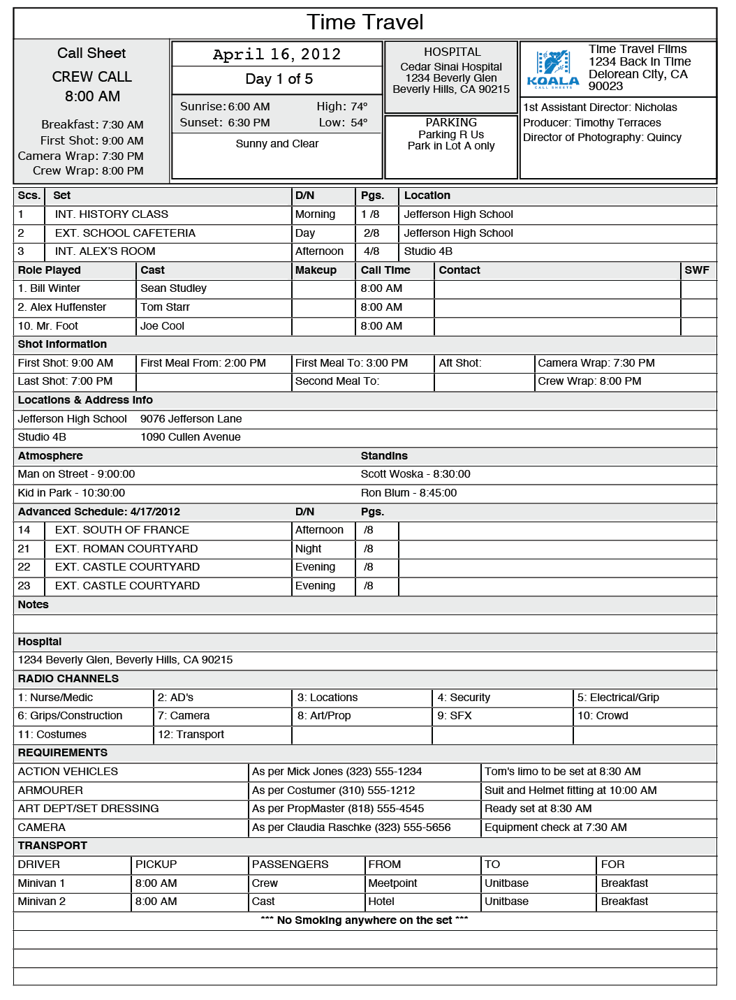 Simple Call Sheet Template